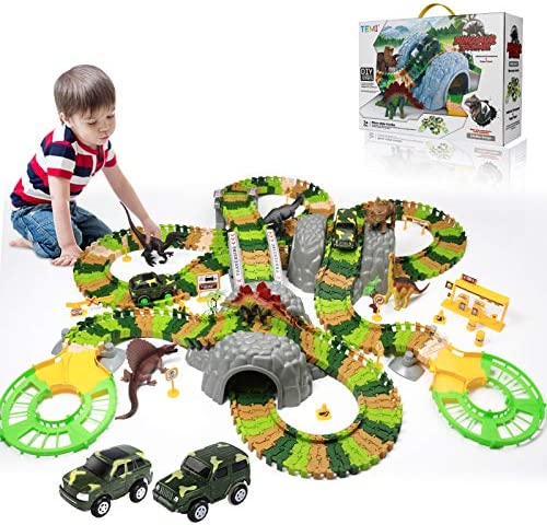 New 🌟 Dinosaur Train Toys For Kids Longer Track 6 Realistic Jurassic Dino Figures 2 Electric Toy Car Twisted Flexible Train Track Set For Toddlers Boys &amp; 👧 Girls 3 4 5 6 7 Years 🧨