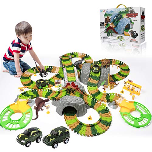 New 🌟 Dinosaur Train Toys For Kids Longer Track 6 Realistic Jurassic Dino Figures 2 Electric Toy Car Twisted Flexible Train Track Set For Toddlers Boys &amp; 👧 Girls 3 4 5 6 7 Years 🧨