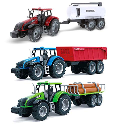 Coupon 🧨 Friction Powered Farm Tractor Vehicles 16.5″ Includes Farmer Tractor Water Tank And Log Trailer Push &amp; Go No Batteries Needed (3pc Set) 🌟