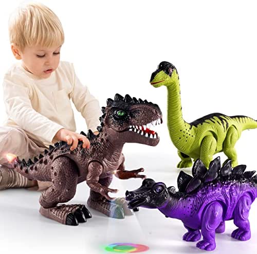 New 🤩 3 Pack Electric Walking Dinosaur Toys For Toddlers 2-4 3-5 Years With Roar Sounds And Lights Up Realistic Robot T-Rex Brachiosaurus Stegosaurus Dinosaur Figures For Kids 🎉