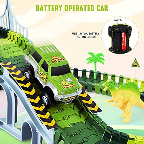 Deals ⭐ Dinosaur Toys-187 Pcs Create A Dinosaur World Road Race Flexible Track Playset 4 Dinosaurs-2 Race Cars For 3 4 5 6 Years Up Old Boys 👧 Girls Best Gift 👍