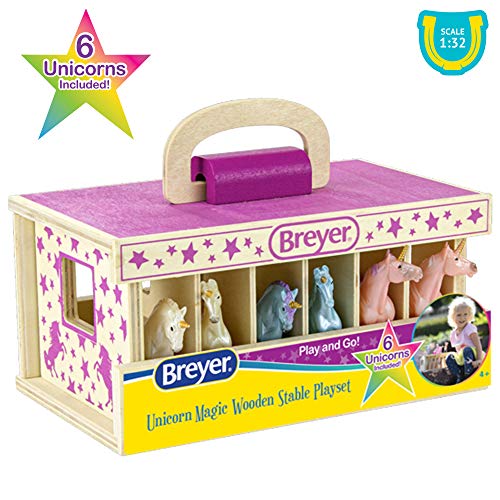 Top 10 😉 Horses Unicorn Magic Wooden Stable Playset With 6 Unicorns | 6 Piece Playset | 6 Stablemates Unicorns Included | 6” H X 9” L X 2.5” D | 1:32 Scale | Model #59218 Multicolo ✔️