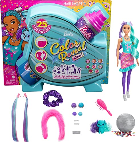 New 👍 Color Reveal Doll Glittery Purple With 25 Hairstyling &amp; Party-Themed Surprises Including 10 Plug-in Hair Pieces Gift For Kids 3 Years Old &amp; Up 👍
