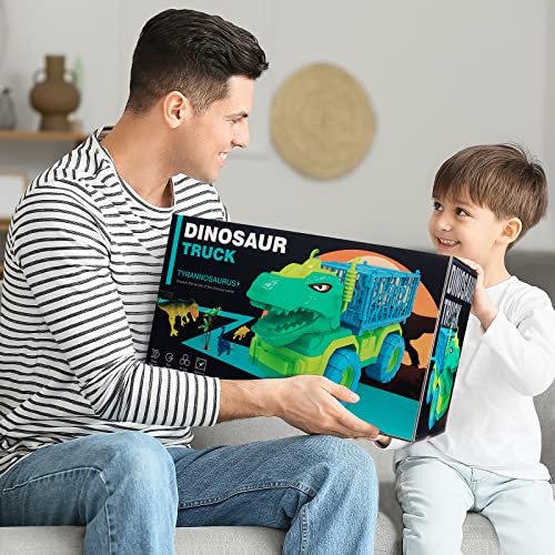 Budget 🔔 Dinosaur Truck Toys For Kids 3-5 Years Tyrannosaurus Transport Car Carrier Truck With 8 Dino Figures Activity Play Mat Dinosaur Eggs Capture Jurassic Dinosaur Play Set For Boys And 👧 Girls ⭐