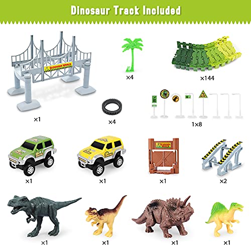 Deals ⭐ Dinosaur Toys-187 Pcs Create A Dinosaur World Road Race Flexible Track Playset 4 Dinosaurs-2 Race Cars For 3 4 5 6 Years Up Old Boys 👧 Girls Best Gift 👍