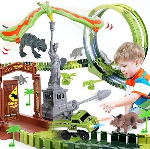 Best deal ⌛ 174 PCS Dinosaur Toys Race Track Flexible Train Tracks With 8 Dinosaurs Figures 2 Electric Race Cars Vehicle Playset With Lights To Create A Dinosaur World Road Race For Toddlers Kids Boys 👧 Girls ✔️
