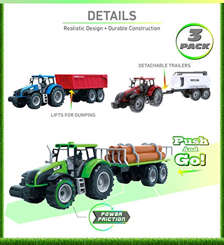 Coupon 🧨 Friction Powered Farm Tractor Vehicles 16.5″ Includes Farmer Tractor Water Tank And Log Trailer Push &amp; Go No Batteries Needed (3pc Set) 🌟