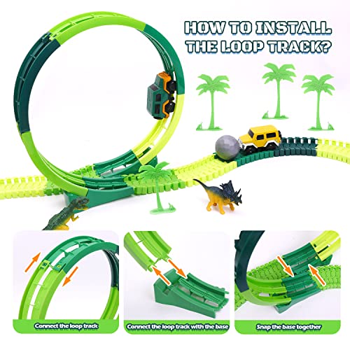 Flash Sale 🎁 Dinosaur Toys For Kids 3-5 245 Pcs Dino Race Car Track Create A Dinosaur World Road Race With Flexible Train Track Playset 2 Electric Dinosaur Race Cars Toy,Best Gift For 3 4 5 Years Old Boys 👧 Girls Pink 💯