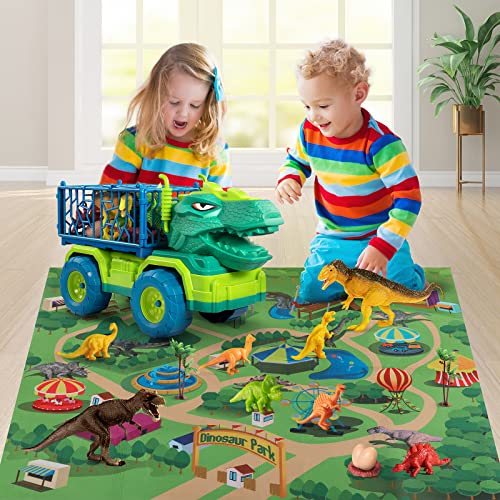Budget 🔔 Dinosaur Truck Toys For Kids 3-5 Years Tyrannosaurus Transport Car Carrier Truck With 8 Dino Figures Activity Play Mat Dinosaur Eggs Capture Jurassic Dinosaur Play Set For Boys And 👧 Girls ⭐