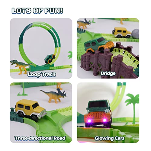 Flash Sale 🎁 Dinosaur Toys For Kids 3-5 245 Pcs Dino Race Car Track Create A Dinosaur World Road Race With Flexible Train Track Playset 2 Electric Dinosaur Race Cars Toy,Best Gift For 3 4 5 Years Old Boys 👧 Girls Pink 💯