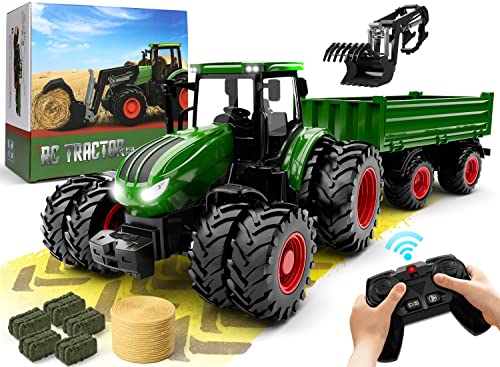 Top 10 🎉 Remote Control Tractor Toy Kids RC Tractor Set &amp; Truck And Trailer Front Loader – Metal Car Head/8 Wheel/ Light Toddlers Farm Vehicle Toys For 2 3 4 5 6 7 8 9 Year Old Boys 🔔 Christmas 🎂 Birthday Gif 😉