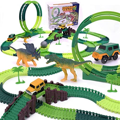 Flash Sale 🎁 Dinosaur Toys For Kids 3-5 245 Pcs Dino Race Car Track Create A Dinosaur World Road Race With Flexible Train Track Playset 2 Electric Dinosaur Race Cars Toy,Best Gift For 3 4 5 Years Old Boys 👧 Girls Pink 💯