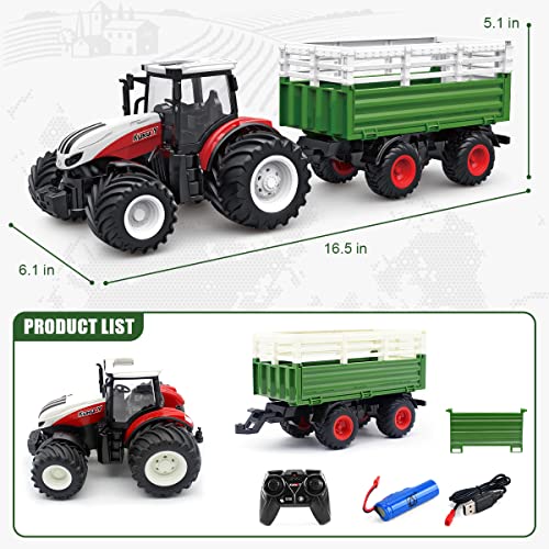 Hot Sale ✔️ RC Tractor Remote Control Farm Truck With Trailer 1/24 Scale 2.4Ghz Electronic Tractor Farm Vehicle Toy With Light For Kids Age 5 6 7 8 9 And Up Years Old ⌛