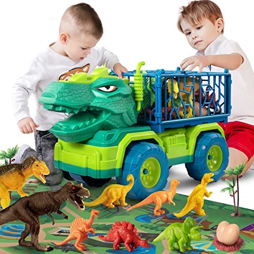 Budget 🔔 Dinosaur Truck Toys For Kids 3-5 Years Tyrannosaurus Transport Car Carrier Truck With 8 Dino Figures Activity Play Mat Dinosaur Eggs Capture Jurassic Dinosaur Play Set For Boys And 👧 Girls ⭐