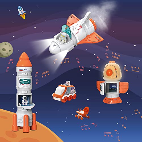 Coupon 🎁 Space Toy For Kids Rocket Ship Toys With Space Shuttle Astronaut Figures Space Rover Spaces Station 5 In 1 Spaceship Toy For Boys 3-8 Aerospace Model Space Figure Toys With Sound &amp; Ligh 🤩