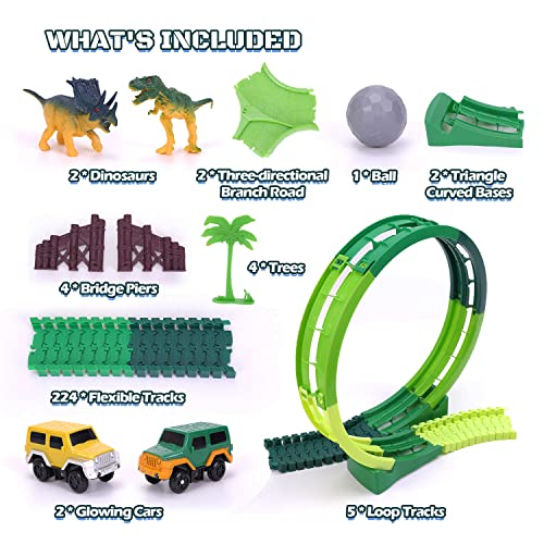 Flash Sale 🎁 Dinosaur Toys For Kids 3-5 245 Pcs Dino Race Car Track Create A Dinosaur World Road Race With Flexible Train Track Playset 2 Electric Dinosaur Race Cars Toy,Best Gift For 3 4 5 Years Old Boys 👧 Girls Pink 💯