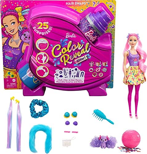 New 👍 Color Reveal Doll Glittery Purple With 25 Hairstyling &amp; Party-Themed Surprises Including 10 Plug-in Hair Pieces Gift For Kids 3 Years Old &amp; Up 👍