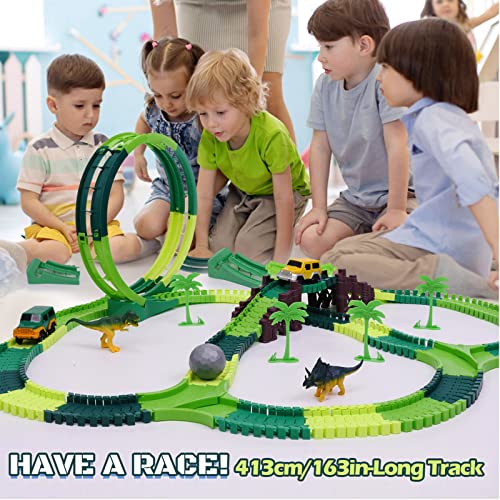 Flash Sale 🎁 Dinosaur Toys For Kids 3-5 245 Pcs Dino Race Car Track Create A Dinosaur World Road Race With Flexible Train Track Playset 2 Electric Dinosaur Race Cars Toy,Best Gift For 3 4 5 Years Old Boys 👧 Girls Pink 💯