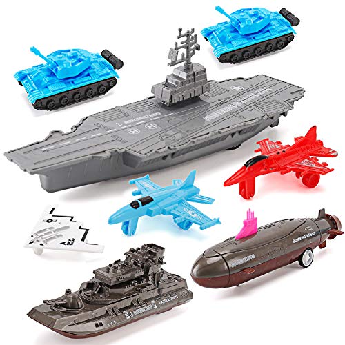 Buy 😍 Aircraft Carrier Pullback Mini Military Toy Playset With Fighter Jets Stealth Bomber Tank Warship Submarine (8 Pieces) 👏