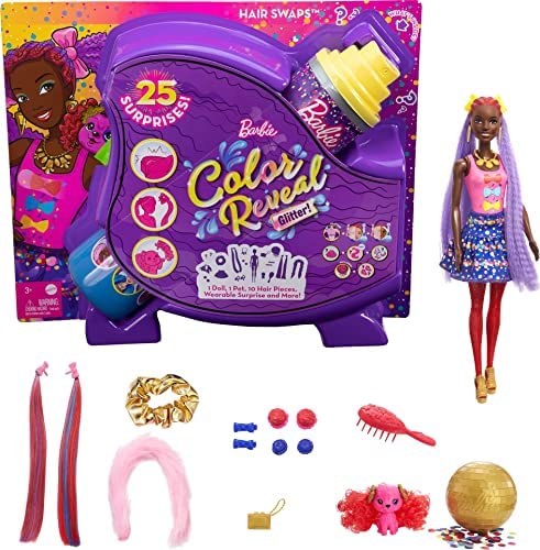 New 👍 Color Reveal Doll Glittery Purple With 25 Hairstyling &amp; Party-Themed Surprises Including 10 Plug-in Hair Pieces Gift For Kids 3 Years Old &amp; Up 👍