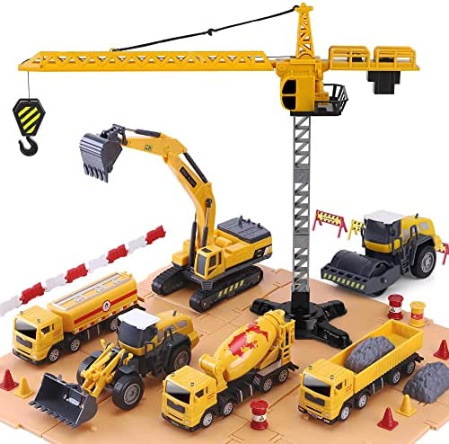 Promo 🛒 Construction Site Vehicles Toy Set Kids Engineering Playset Tractor Digger Crane Dump Trucks Excavator Cement Steamroller 🎂 Birthday Gift For 3 4 5 Year Old Toddlers Boys Child 🤩