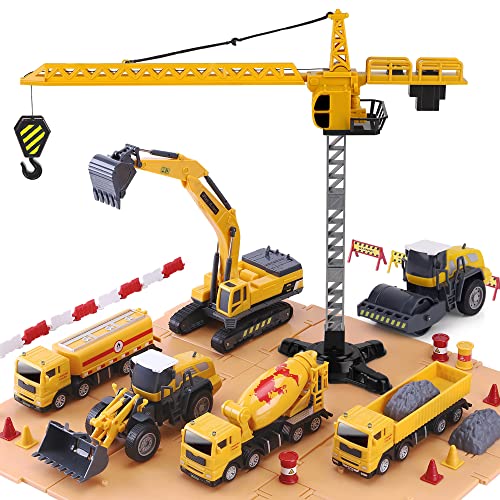 Promo 🛒 Construction Site Vehicles Toy Set Kids Engineering Playset Tractor Digger Crane Dump Trucks Excavator Cement Steamroller 🎂 Birthday Gift For 3 4 5 Year Old Toddlers Boys Child 🤩