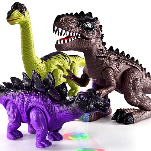 New 🤩 3 Pack Electric Walking Dinosaur Toys For Toddlers 2-4 3-5 Years With Roar Sounds And Lights Up Realistic Robot T-Rex Brachiosaurus Stegosaurus Dinosaur Figures For Kids 🎉