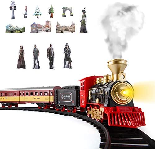 Cheap 😀 Train Sets With Steam Locomotive Engine Cargo Car And Tracks Battery Powered Play Set Toy W/ Smoke Light &amp; Sounds For Kids Boys &amp; 👧 Girls 3 4 5 6 7 Years Old 😍