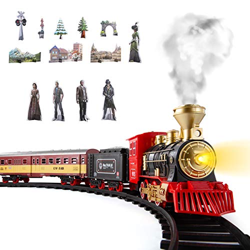 Cheap 😀 Train Sets With Steam Locomotive Engine Cargo Car And Tracks Battery Powered Play Set Toy W/ Smoke Light &amp; Sounds For Kids Boys &amp; 👧 Girls 3 4 5 6 7 Years Old 😍
