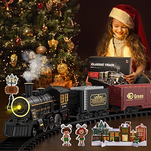 Cheap 😀 Train Sets With Steam Locomotive Engine Cargo Car And Tracks Battery Powered Play Set Toy W/ Smoke Light &amp; Sounds For Kids Boys &amp; 👧 Girls 3 4 5 6 7 Years Old 😍