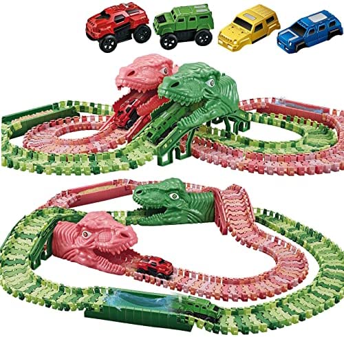 Flash Sale 🎁 Dinosaur Toys For Kids 3-5 245 Pcs Dino Race Car Track Create A Dinosaur World Road Race With Flexible Train Track Playset 2 Electric Dinosaur Race Cars Toy,Best Gift For 3 4 5 Years Old Boys 👧 Girls Pink 💯