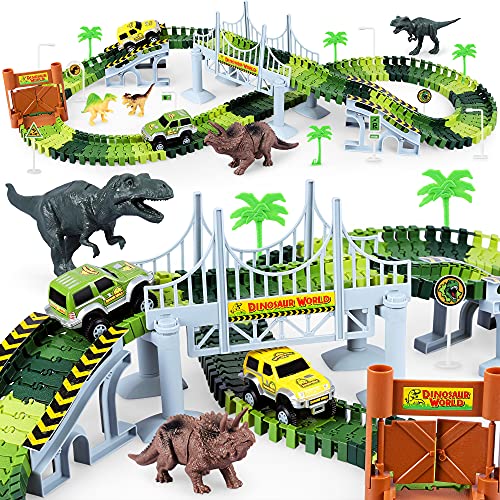 Deals ⭐ Dinosaur Toys-187 Pcs Create A Dinosaur World Road Race Flexible Track Playset 4 Dinosaurs-2 Race Cars For 3 4 5 6 Years Up Old Boys 👧 Girls Best Gift 👍