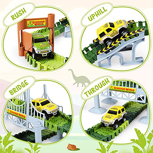 Deals ⭐ Dinosaur Toys-187 Pcs Create A Dinosaur World Road Race Flexible Track Playset 4 Dinosaurs-2 Race Cars For 3 4 5 6 Years Up Old Boys 👧 Girls Best Gift 👍