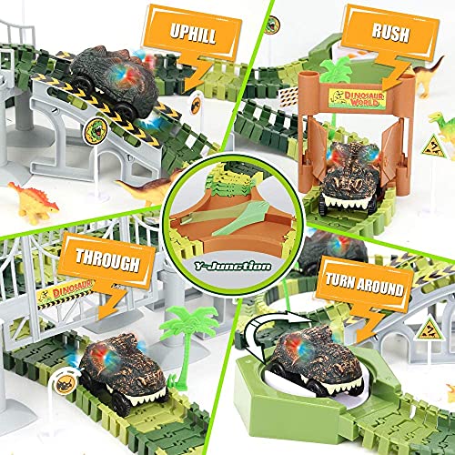 Best deal ⌛ 174 PCS Dinosaur Toys Race Track Flexible Train Tracks With 8 Dinosaurs Figures 2 Electric Race Cars Vehicle Playset With Lights To Create A Dinosaur World Road Race For Toddlers Kids Boys 👧 Girls ✔️
