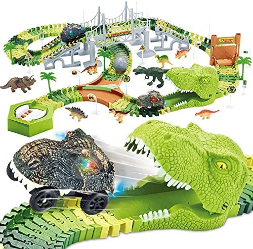 Best deal ⌛ 174 PCS Dinosaur Toys Race Track Flexible Train Tracks With 8 Dinosaurs Figures 2 Electric Race Cars Vehicle Playset With Lights To Create A Dinosaur World Road Race For Toddlers Kids Boys 👧 Girls ✔️