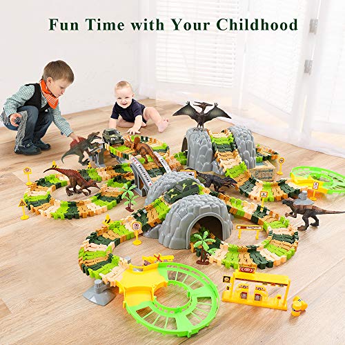 New 🌟 Dinosaur Train Toys For Kids Longer Track 6 Realistic Jurassic Dino Figures 2 Electric Toy Car Twisted Flexible Train Track Set For Toddlers Boys &amp; 👧 Girls 3 4 5 6 7 Years 🧨