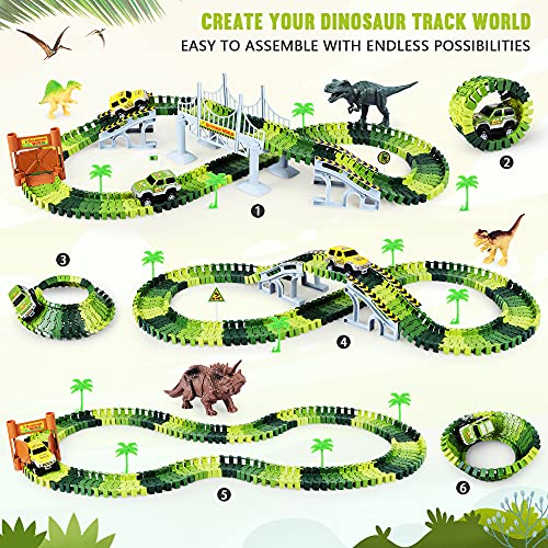 Deals ⭐ Dinosaur Toys-187 Pcs Create A Dinosaur World Road Race Flexible Track Playset 4 Dinosaurs-2 Race Cars For 3 4 5 6 Years Up Old Boys 👧 Girls Best Gift 👍