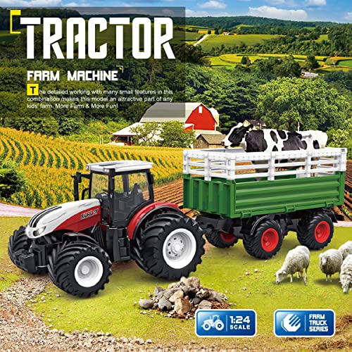 Hot Sale ✔️ RC Tractor Remote Control Farm Truck With Trailer 1/24 Scale 2.4Ghz Electronic Tractor Farm Vehicle Toy With Light For Kids Age 5 6 7 8 9 And Up Years Old ⌛